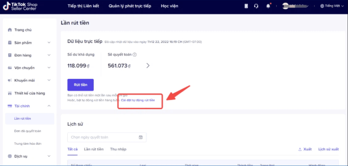 Cách rút tiền trên TikTok Shop 
