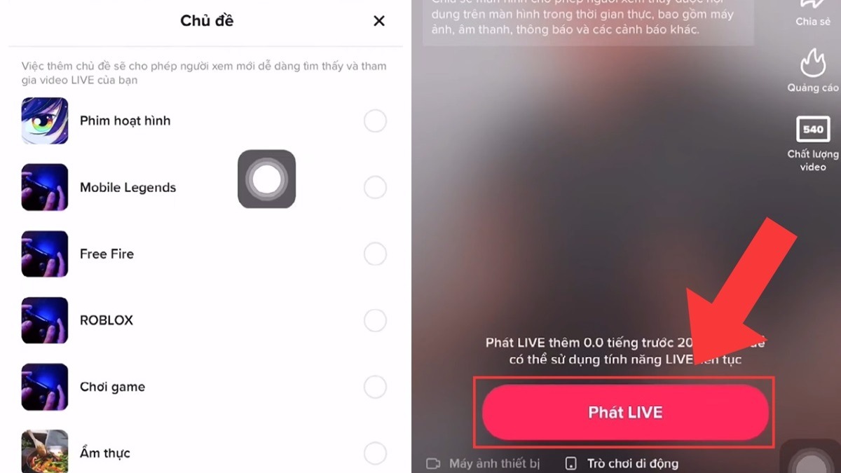 Nhấn Phát live để bắt đầu live stream trên Tiktok