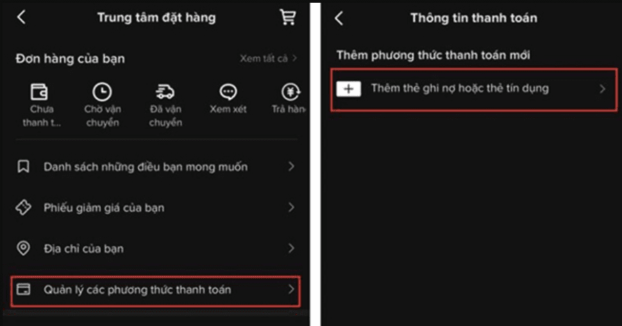 Nhấn chọn Thêm thẻ ghi nợ hoặc thẻ tín dụng