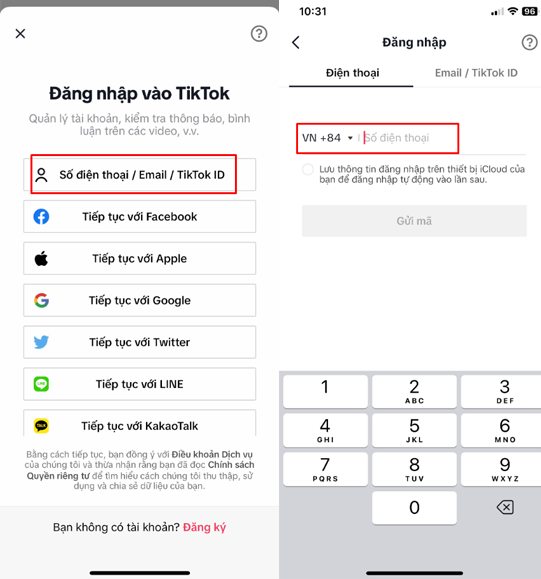 Nhập thông tin đăng nhập bằng cách sử dụng số điện thoại, Email hoặc Tiktok ID