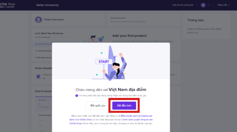 Tại giao diện trang chủ, chọn Bắt đầu bán