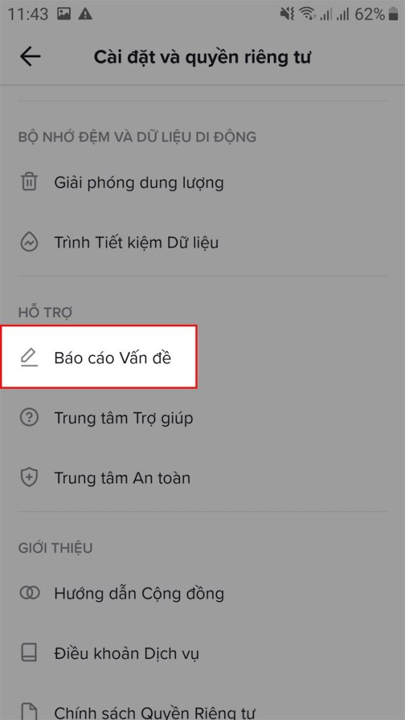 Chọn mục Báo cáo vấn đề