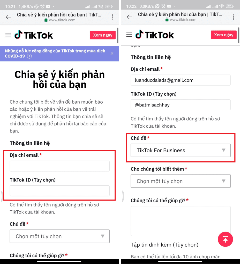 Điền đầy đủ thông tin về Email, Tiktok ID