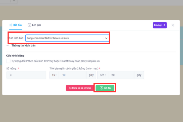 Nhấn Bắt đầu để bắt đầu thực hiện tăng comment TikTok